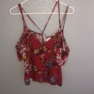 Red and floral off the shoulder blouse